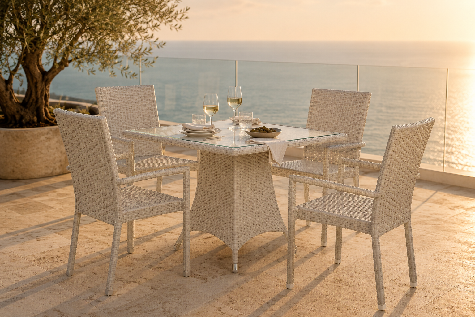 Made-to-order Mirage outdoor dining set styled on a terrace