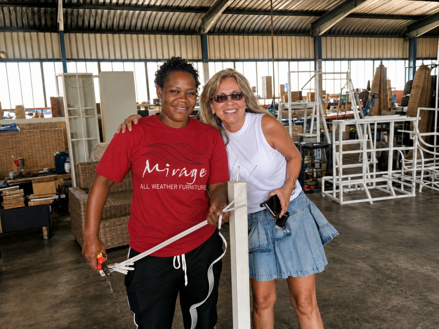Kally with a member of the Mirage weaving team in the White River workshop