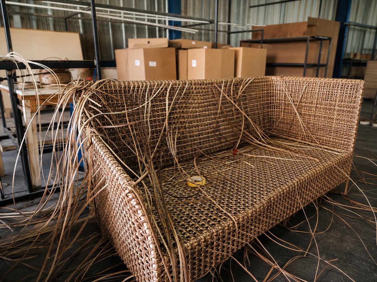 Close-up of a sofa's REHAU® Raucord weave in progress