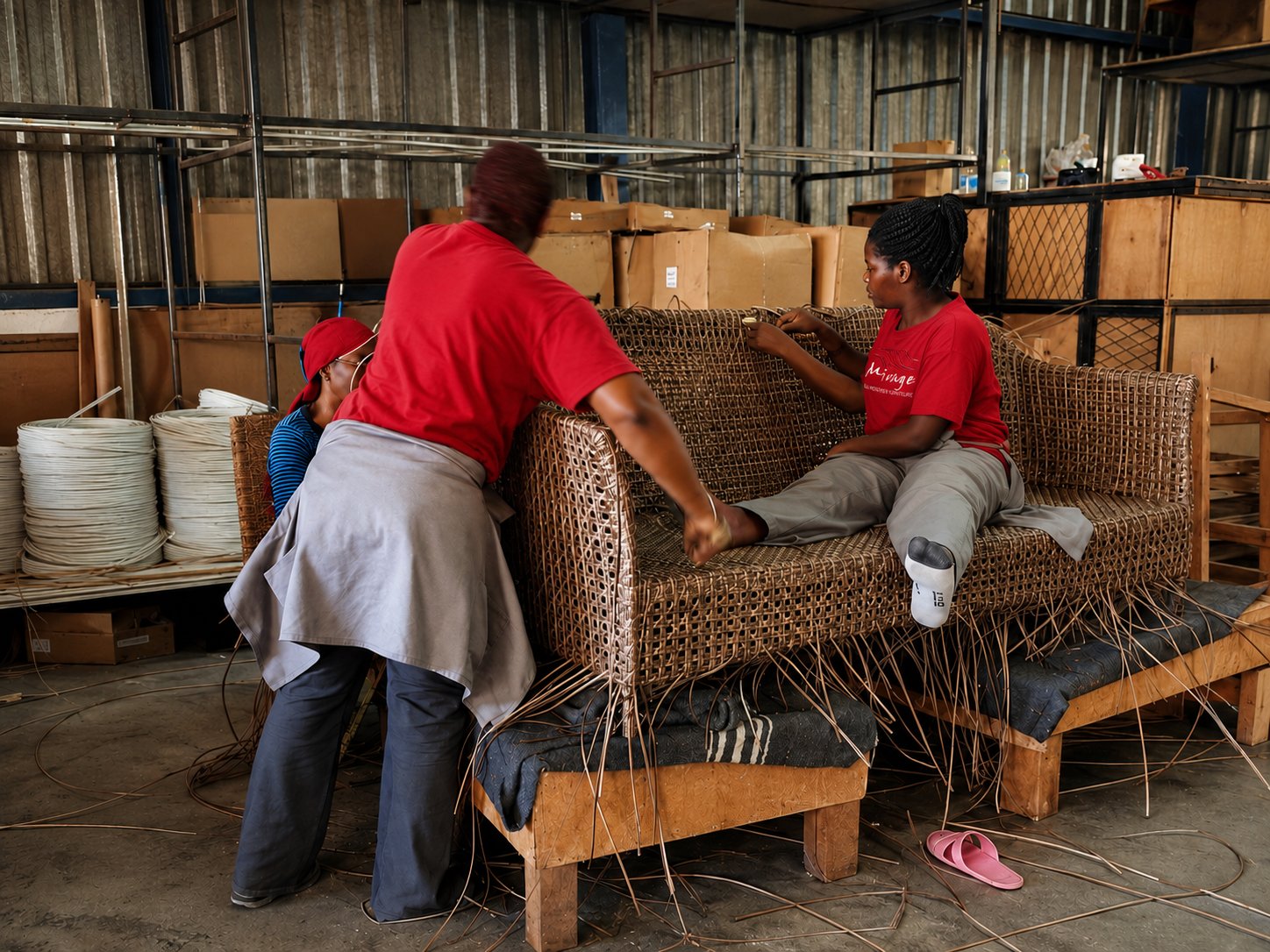 Mirage's weaving team hand-weaving a sofa frame in the workshop