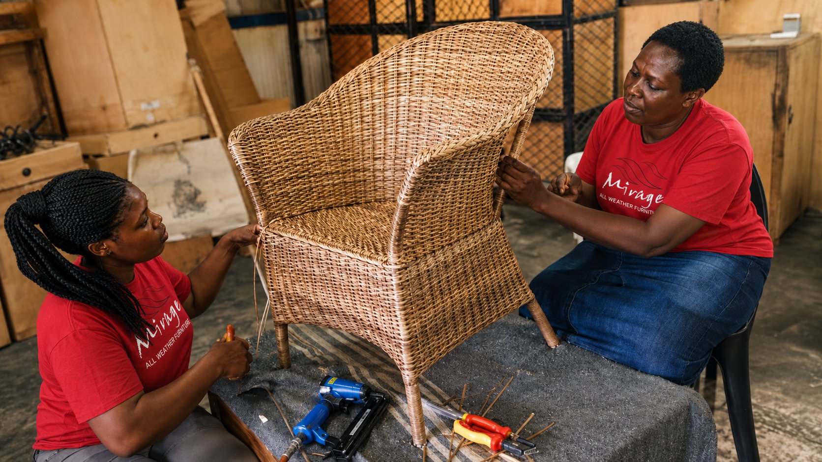 Two artisans hand-weaving an armchair with REHAU® Raucord weave