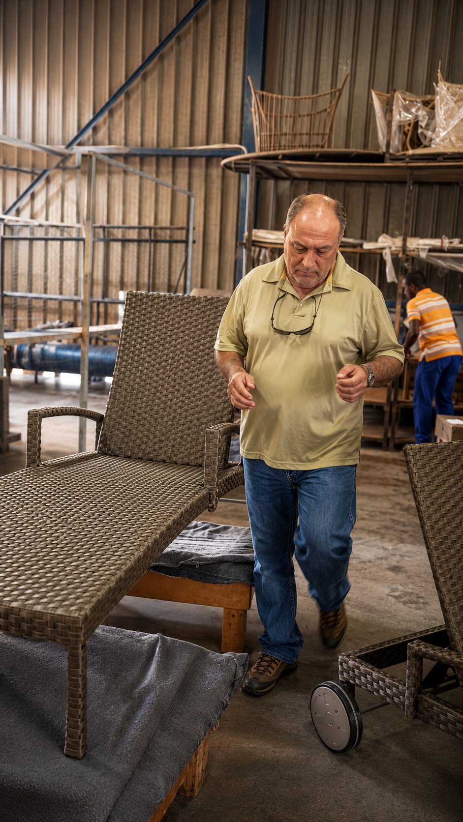 George inspecting a finished piece of outdoor furniture for quality