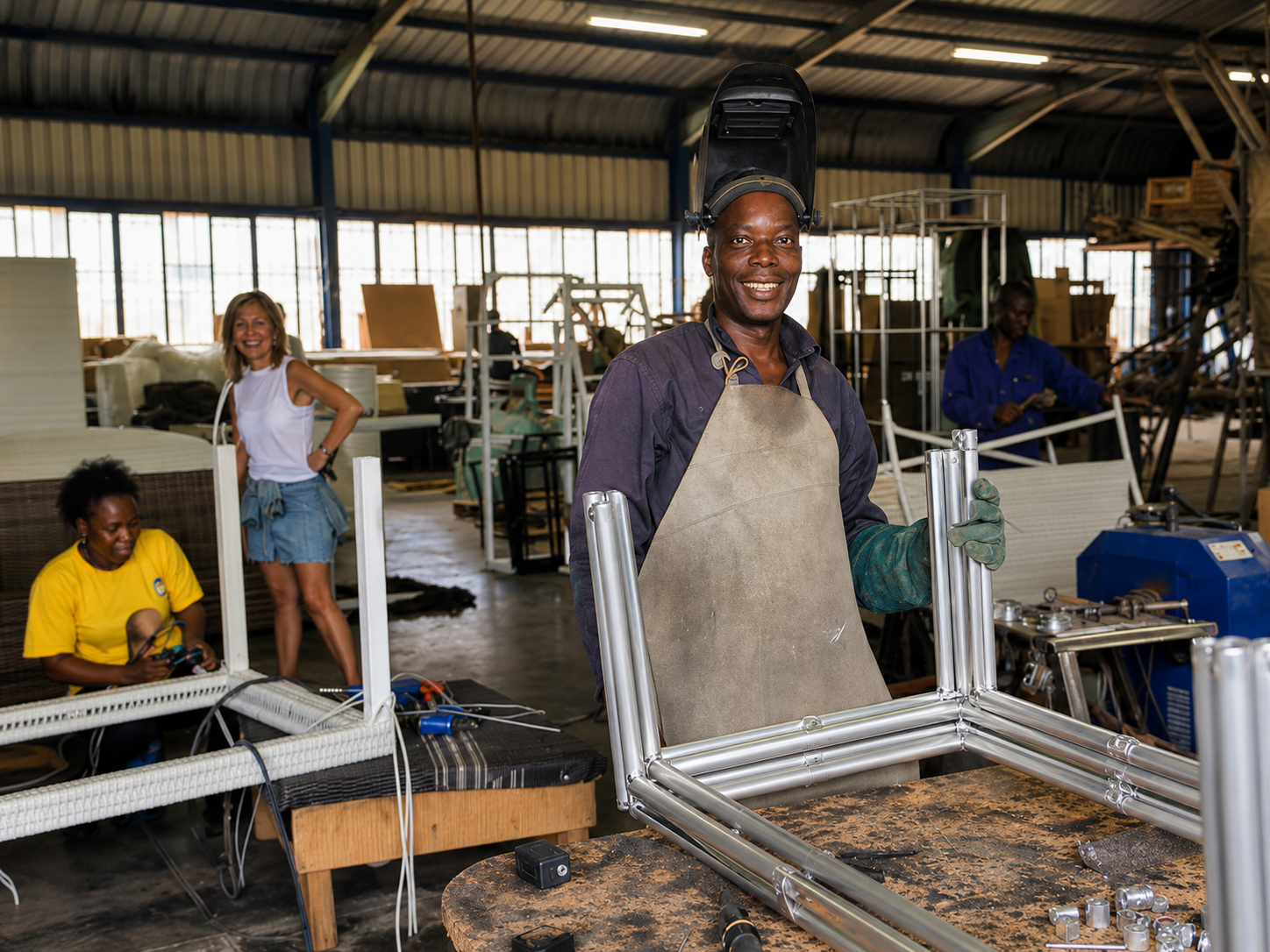 A welder inspecting a completed aluminium frame for quality